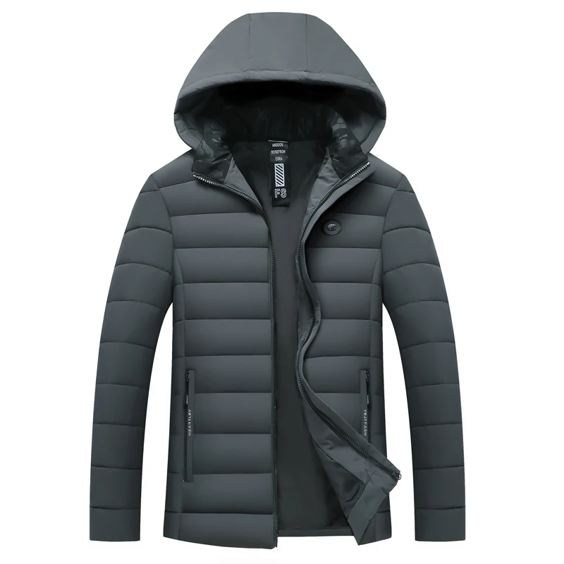Парка, Новое поступление, зимнее пальто для мужчин, мужская Тонкая куртка, хлопковая теплая утепленная куртка с капюшоном, удобная одежда, мужская однотонная куртка - Цвет: Grey