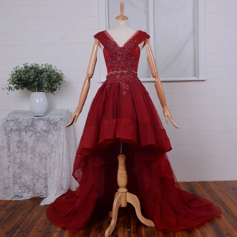 

After short before long v-neck wine red Prom pearls vestido de festa real photos evening gown 2018 mother of the bride dresses