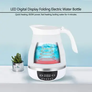 

600ml Portable Travel Foldable LED Electric Kettle Collapsible Water Bottle Bottom Touch Control Temperature Control