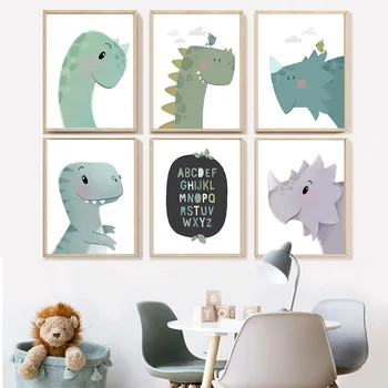

Cute Dinosaur Bird Alphabet Cartoon Wall Art Canvas Painting Nordic Posters And Prints Wall Pictures Baby Kids Room Decor