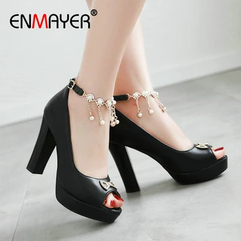 

ENMAYER Basic Buckle Strap Women Shoes Platform PU Women Sandals Fashion Peep Toe Sweet Pearl Square High Heels Wedding Shoes