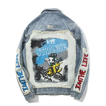 

Hi Street Men's Denim Jackets Hip Hop Oversized Patchwork Ripped Jeans Jackets Streetwear Male Fashion Autumn Coat