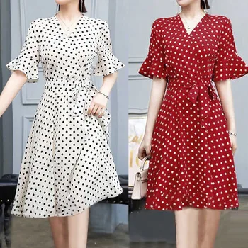 

Women Fashion Summer Lady Elegant Wave Point O-neck Short Sleeve Elastic Dress Sundress Clothes 2020 Платья Женские