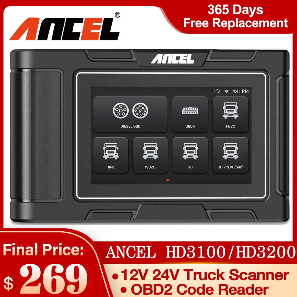 ANCEL Heavy Duty Diesel Truck Diagnostic Scanner 12V/24V Car 2 in 1 Full System DPF Pin Detect OBD2 Automotive | Автомобили и