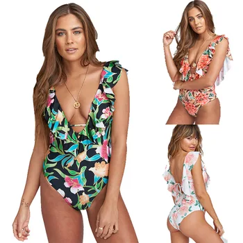 

2019 Swimsuit leaf printing multicolor back-leaking Lotus Leaf flying edge one-piece swimsuit bikini