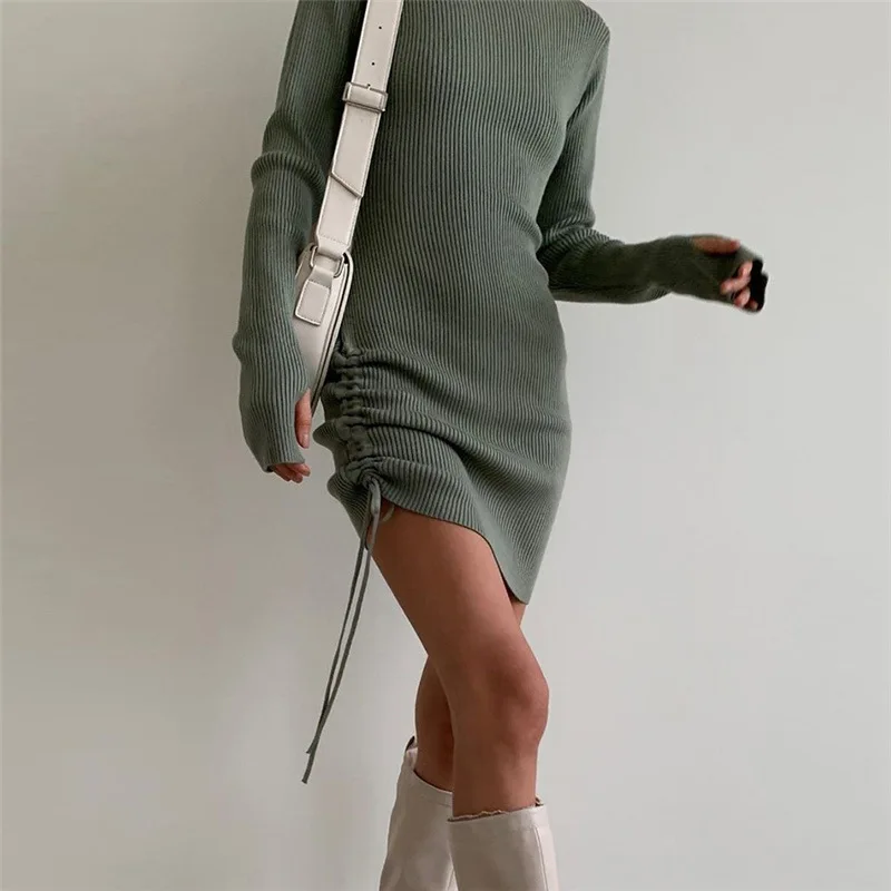 Long Sleeve Knitted Mini Dresses for Women High Neck Casual Drawstring Party Bodycon Dress 2021 Autumn Winter White Brown Black maxi dresses