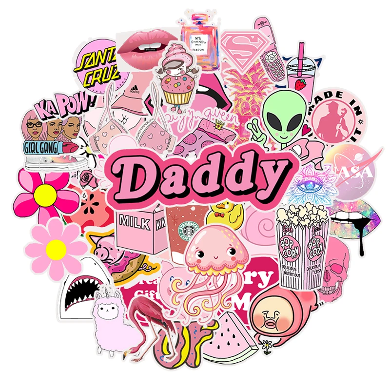 

50pcs/Pack Kawaii Cute Pink Graffiti Stickers For Car Laptop PVC Backpack Home Decal Pad Bicycle phone waterproof Decal