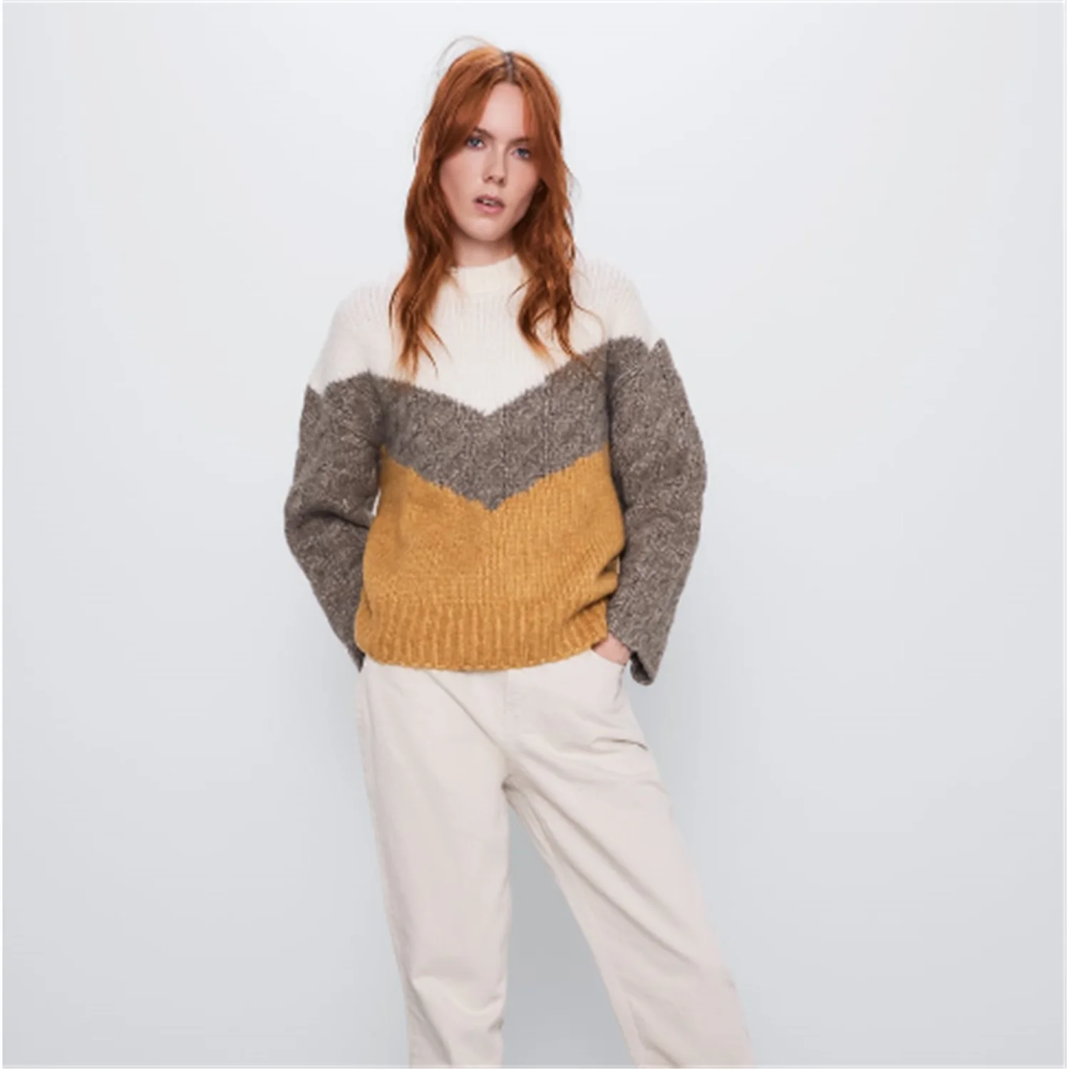 Женский свитер с цветными вставками ZA разноцветный свободный Бохо длинными