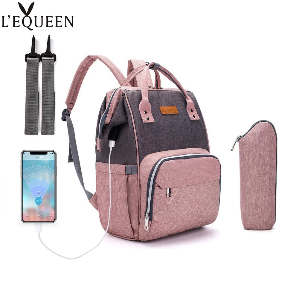 LEQUEEN-sac à couches USB | Sac de maternité pour bébé maman pour poussette, sac à dos à couches imperméable, sacs d'allaitement avec crochets