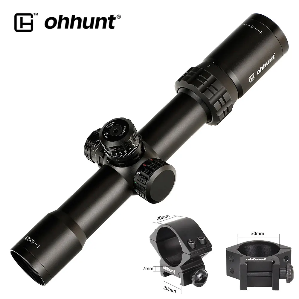 Ohhunt тонкий край 1-6X28 ИК прицелы для охоты Mil Dot стекло травление сетка RGB Освещение турели замок сброс съемки область - Цвет: Low Picatinny Rings