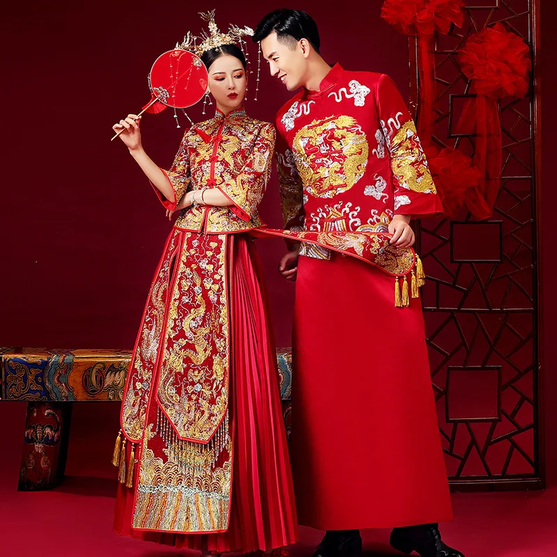 Китайское традиционное свадебное платье Cheongsam дракон феникс одежда Qipao вышивка красный атлас топы для женщин Золотая Парча Платье