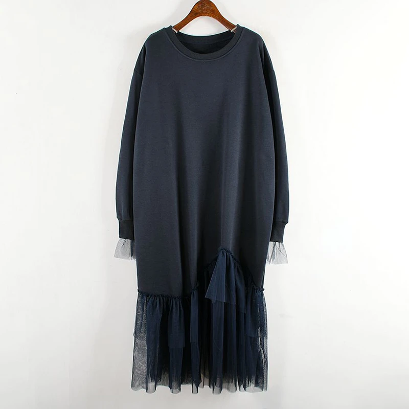 CHICEVER Korean Knitted Dress For Women O Neck Long Sleeve Oversize Loose Patchwork Mesh Dresses Female Autumn Fashion New