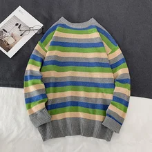 Autumn New Striped Sweater Men Fashion Contrast Color Casual Knit Sweaters Man Sweter Clothes Loose Long-sleeved Pullover Men