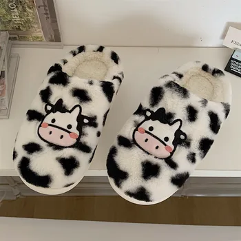 Zapatillas bonitas de animales para mujer, pantuflas mullidas y cálidas con dibujos animados de vaca y leche, pantuflas divertidas, moda Kawaii, Invierno 8