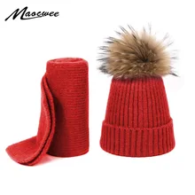 Knitted Pompom Skullies Beanies Hat Scarf Set For Children Winter Wool Real Fur Pompon Warm Cotton Hat Outdoor Hat and Scarf Set