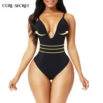 

CURE SECRET Women's Deep V Backless Invisible Bra Body Shaper Slimming Tummy Control Bodysuit U Plunge Thong Shapewear