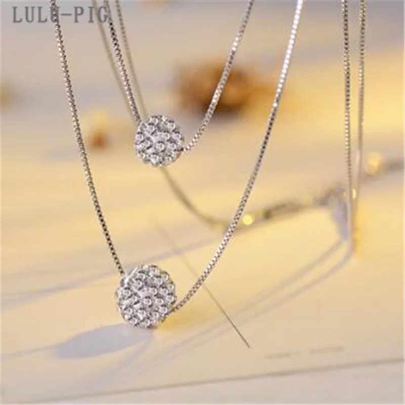 LULU-PIG модные серебряные ожерелья 925 пробы Двухслойное Кристальное ожерелье