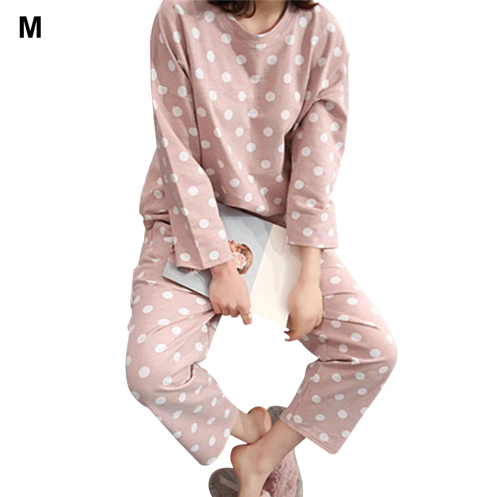 

Women Crew Neck Long Sleeve Loose Cute Pajamas Sleepwear Casual Pullover Polka Dot Tops Pants Home 2PCS