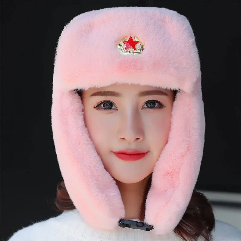 Зимняя шапка MS теплая унисекс авиатора из кроличьего меха с пятиконечной звездой