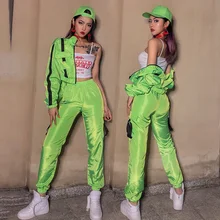 Флуоресцентный зеленый джазовый танец костюмы Для женщин Свободные уличные Танцы Костюмы для ночного клуба, летняя спортивная футболка с коротким куртка в стиле «хип-хоп» наряд DS DN4667