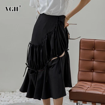 

VGH Asymmetric Skirt For Women High Waist Patchwork Hollow Out Ruched Ruffles Casual Skirts Female 2020 Summer New Style Tide