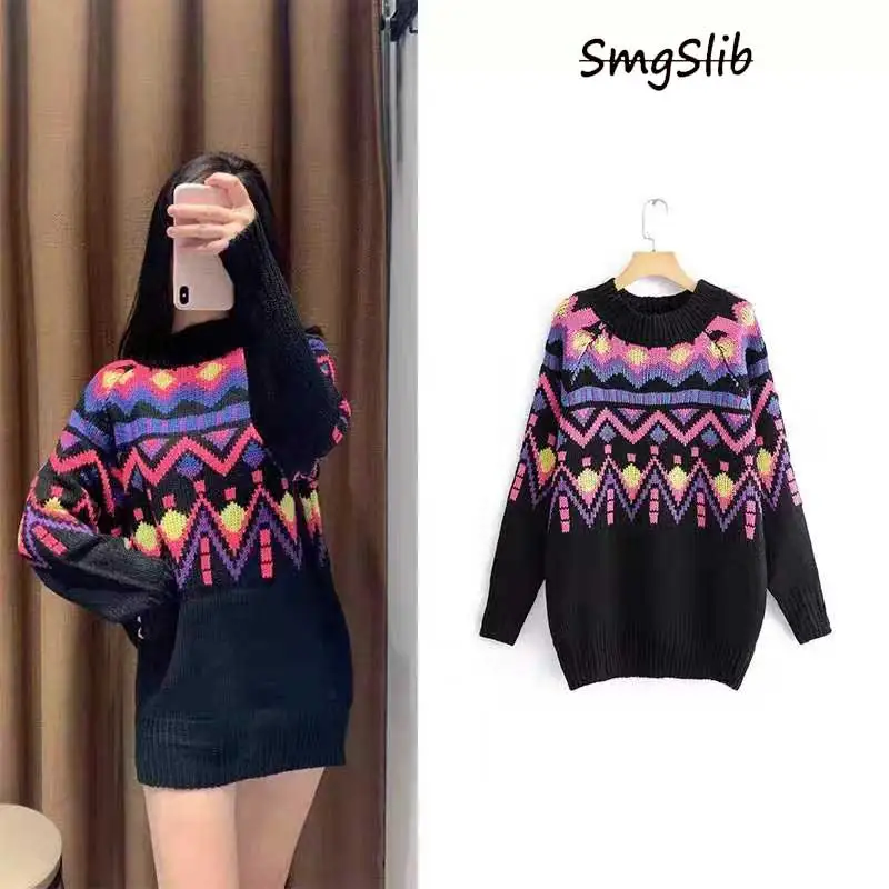 

2020 New Women casual Sweaters Argyle decoration O-Neck Knitted Pullovers Sweaters tops Long Sleeve sweater