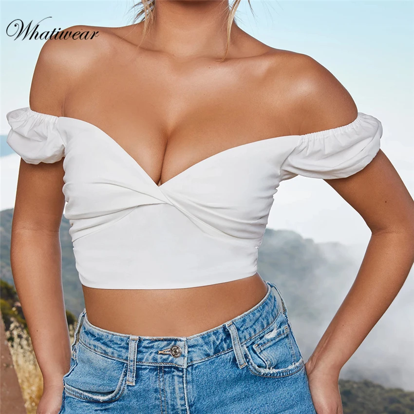 Whatiwear летние женские сексуальные тонкие с открытыми плечами топы с глубоким v-образным вырезом Футболка уличная одежда кроп-Топ рубашка женская блуза