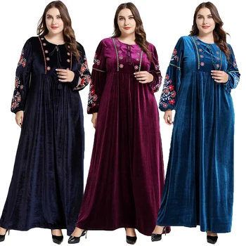 

Velvet Women Abaya Dubai Muslim Long Sleeve Maxi Dress Pleated Embroidery Kaftan Jilbab Islam Arab Clothing Gown Robe Plus Size