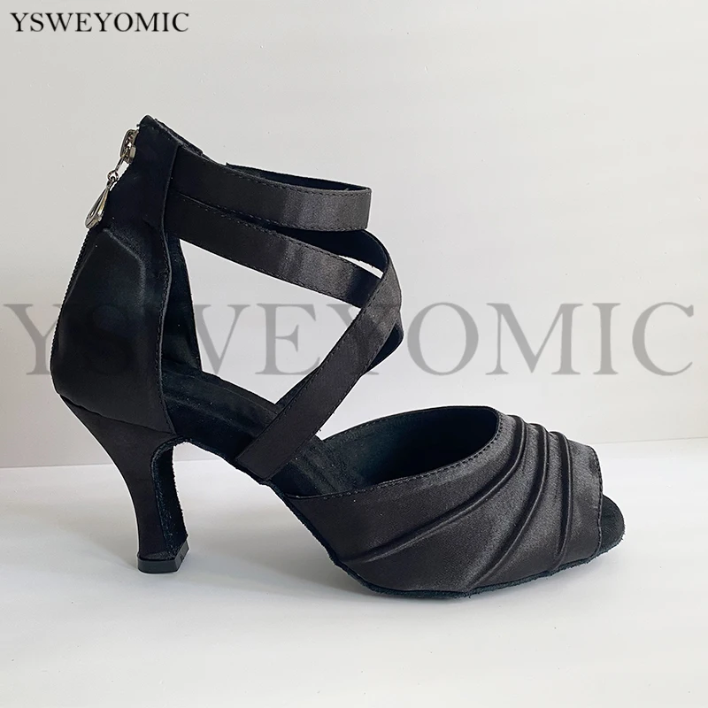 Salsa Women Dance Shoes Suede Outsole Medium Heel 7cm Black Satin Latin Ballroom Dance Shoes