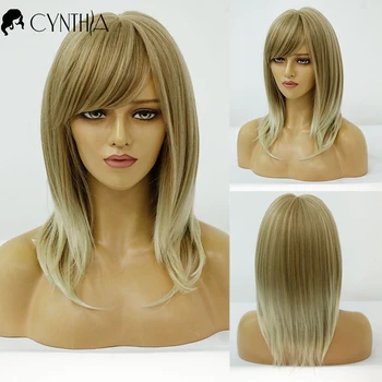

Middle Part Daily Gold Blonde Curly Synthetic Wig With Bangs Natural Wavy For Black White Women Heat Resistant Cosplay Wig
