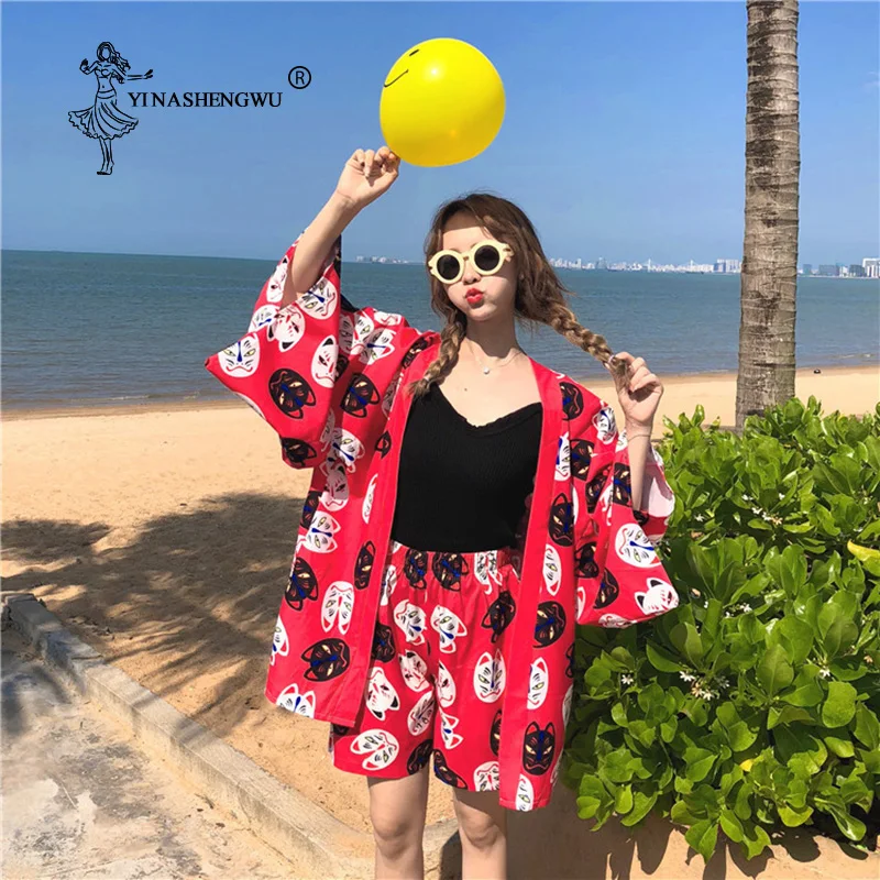 Beach Travel Thin Japanese Style kimono Coats Wide Leg Shorts 2 Piece Set Top And Pants Japanese Kimono Cardigan Yukata Women