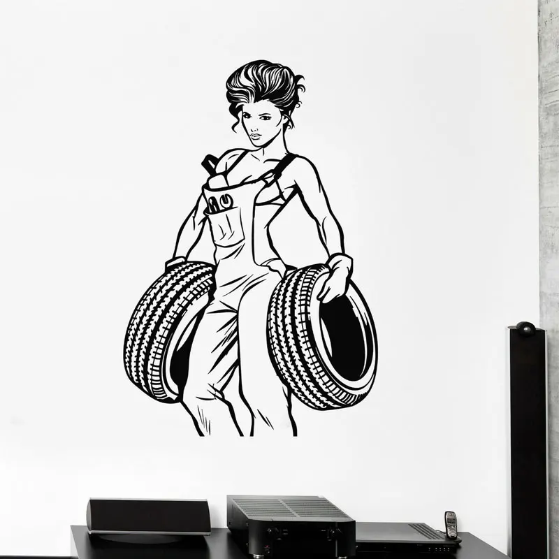 Sexy Girl Decor For Garage Auto Service Repair Wheels Wall Sticker Vinyl Interior Design Window Decals Removable Mural 4038