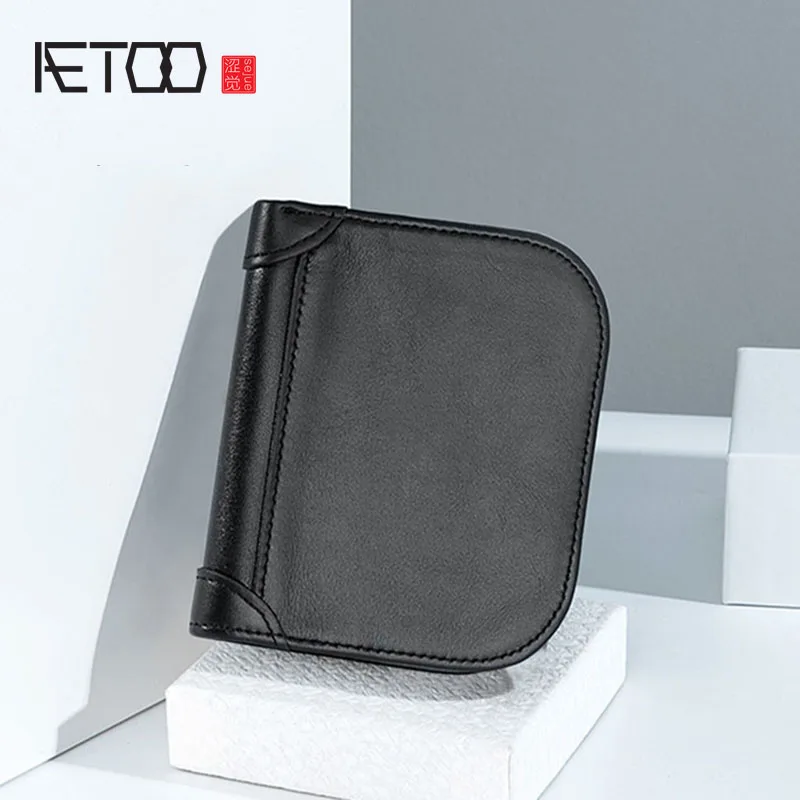 AETOO мужской кожаный короткий кошелек простой студенческий ультратонкий