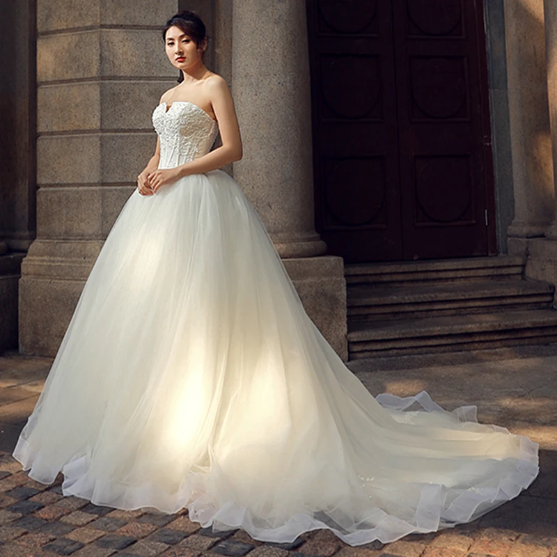 Кружевные Аппликации бальное платье Свадебные платья Милая бисером Свадебные платья для принцесс