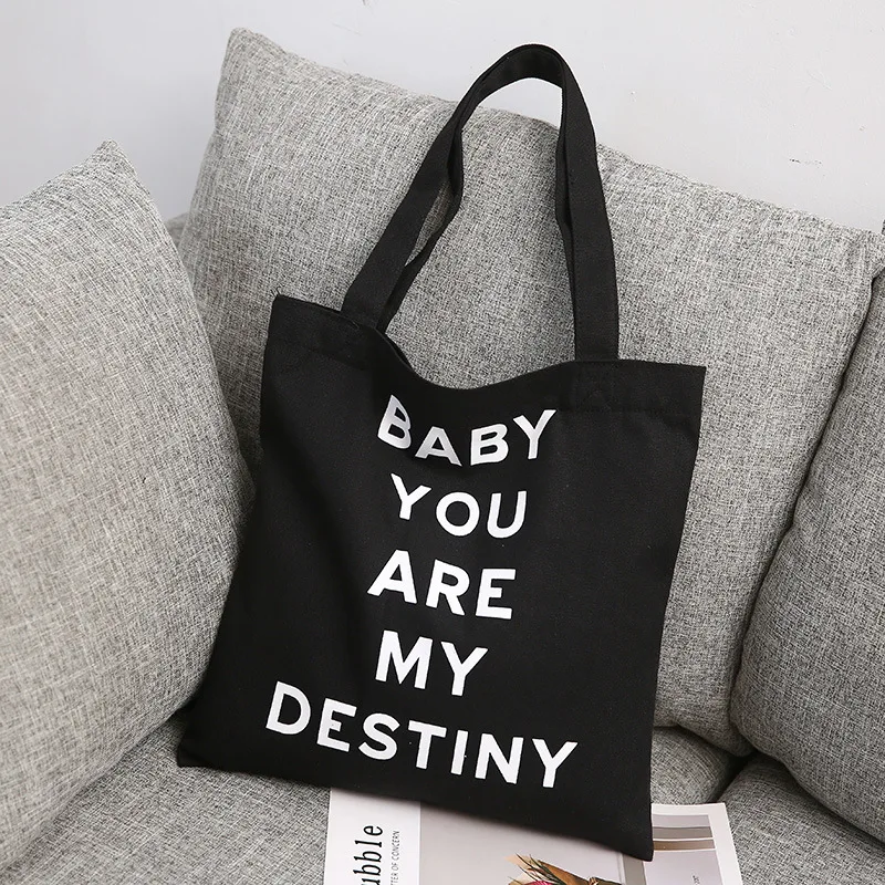baby black Женские сумки с буквенным принтом, тканевая Холщовая Сумка-тоут, женские хозяйственные Эко многоразовые сумки через плечо - Цвет: baby black