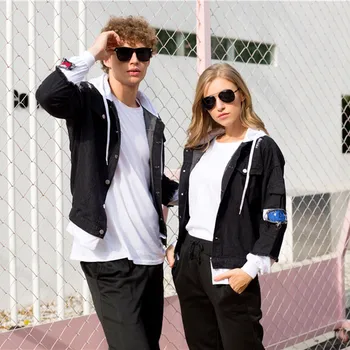 

Hip hop Kpop One Piece Hoodies Denim jacket Men Women Creative Brand Design Casual One Piece Sweatshirts Denim jacket