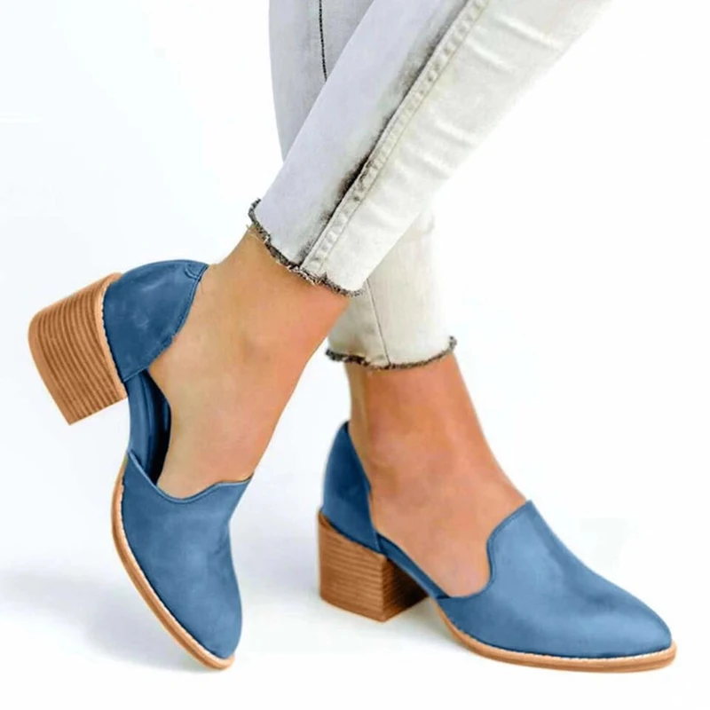 

Pointed Toe Casual Plus Size Lady Female Shoes Spring Summer Autumn Leather Pumps Women Med Chunky Block Heel Shoes Slip On