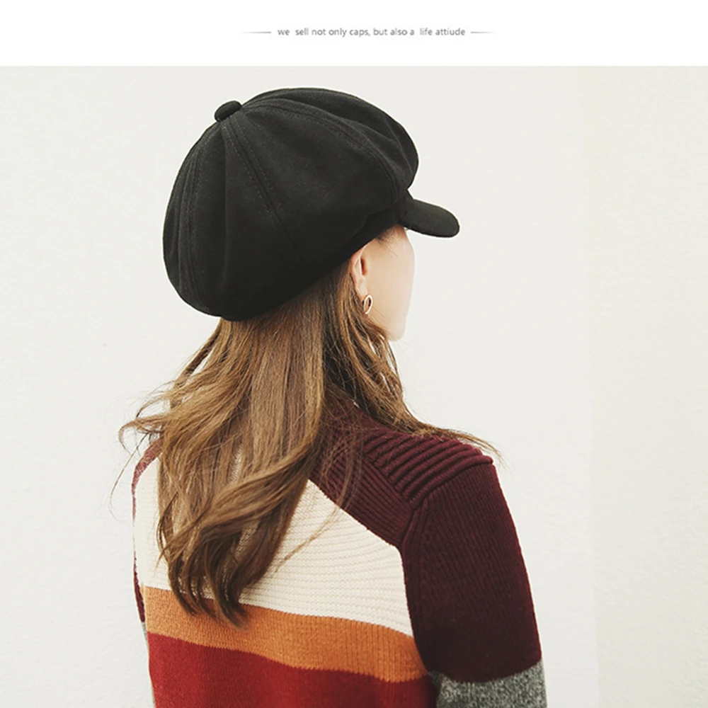 Fashion women's wool beret hat British style retro solid color octagonal hat female winter thick warm hat visor