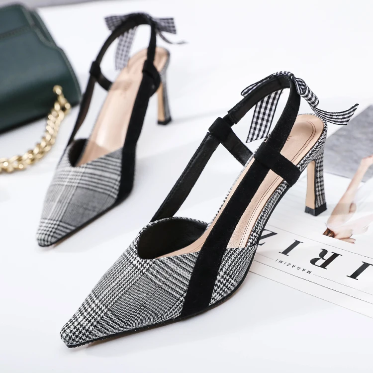 

2019 summer new lady's shoe pointy Scottish Plaid pattern fashion high heel sandal bow bow Empty after HIgh Heel Pumps Women