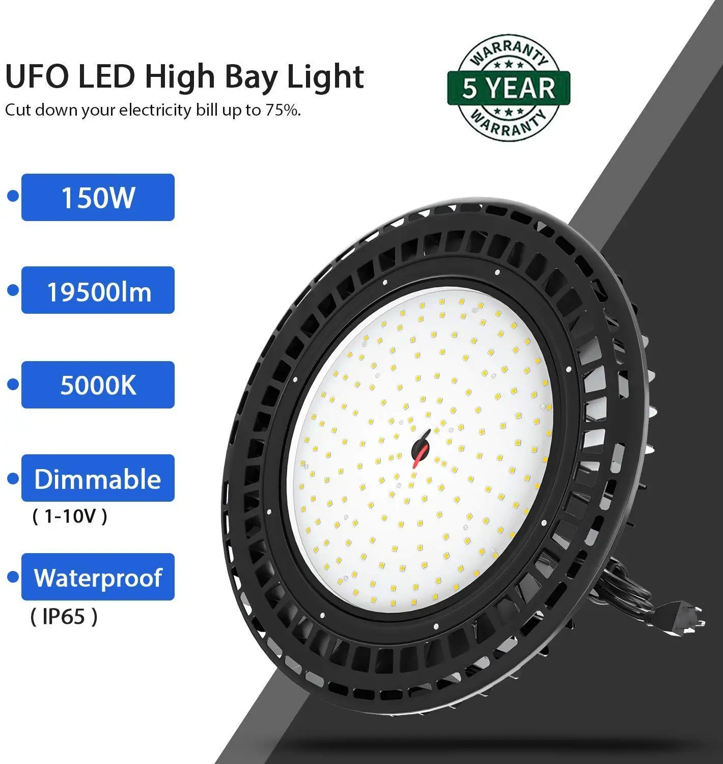 

UFO LED High Bay Light 150W IP65 Waterproof Lighting Fixture Hanging LED for Factory Garage Gym US Plug LED Garage Lights