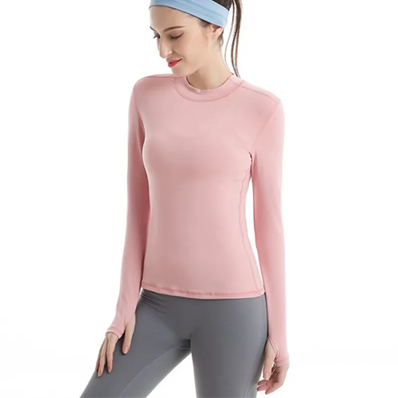 CretKoav Autumn New High Collar Yoga Top Long Sleeve T-shirt Women Elastic Slim Thumb Hole Solid Color Running Sport T-Shirt - Цвет: Розовый