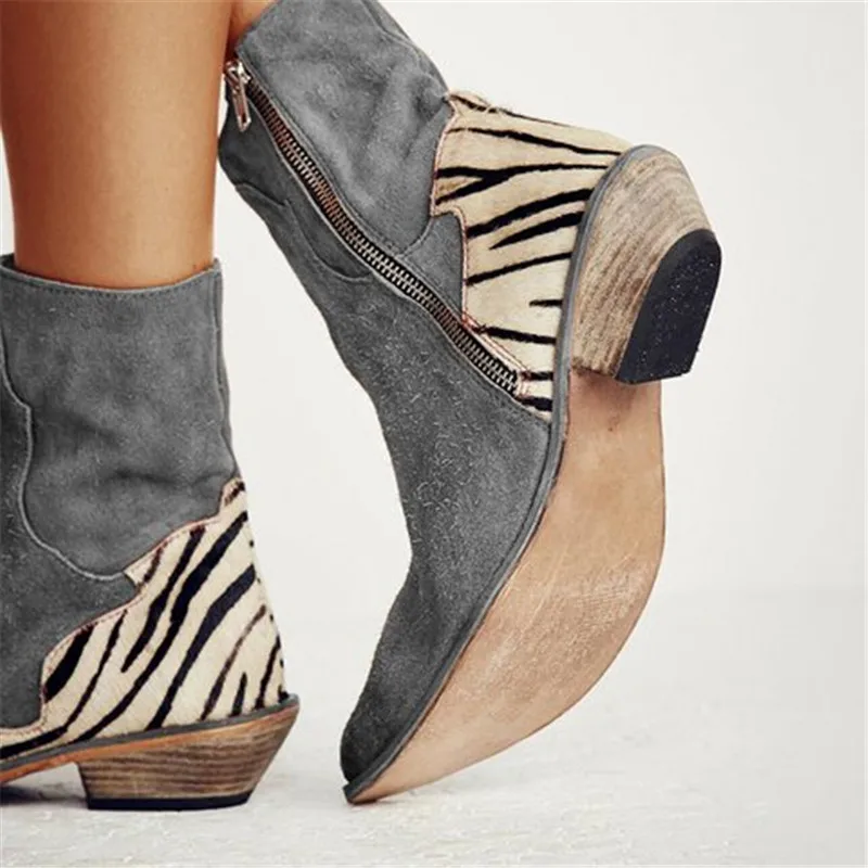 

Winter Flock Ankle Boots women Boots Flat Square Heel Pointed Toe Boots Zebra Women Ankle Boots Zebra Zip Sexy Lady boots