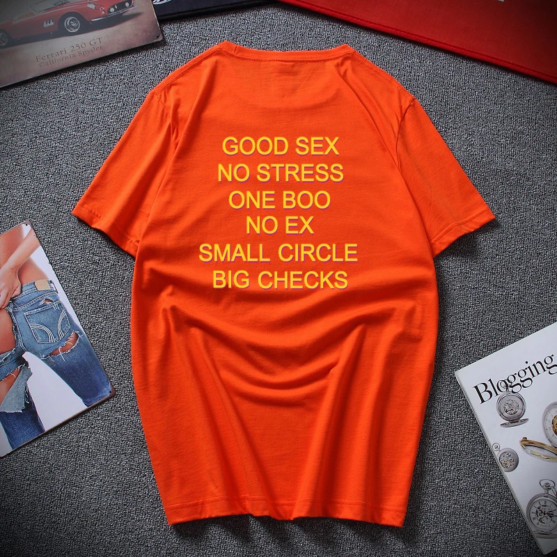 Смешная футболка с надписью «Good Sex No Stress One Boo No Ex Small Circle Big checkes», европейские размеры, хлопок - Цвет: Оранжевый