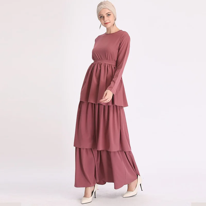 

Arabian small fresh long fashion solid color cake skirt multi-layer patch women dress Islamic Muslim Ramadan ethnic long skirt