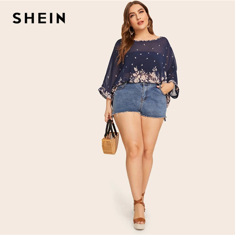 SHEIN плюс размер темно-синий цветочный принт рукав «летучая мышь» прозрачная блузка Топ для женщин Лето 3/4 Длина рукав круглый вырез повседневные блузки