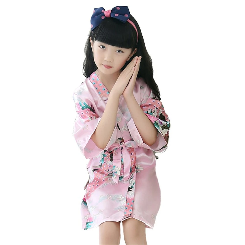 9Color Traditional Japanese Kimono Clothing for Girls Wedding Bridesmaid Peacock Yukata Pajamas Kids Silk Asian Sleepwear