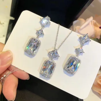 

S925 sterling silver white zircon cut square necklace pendant earrings jewelry set for women's party jewelry