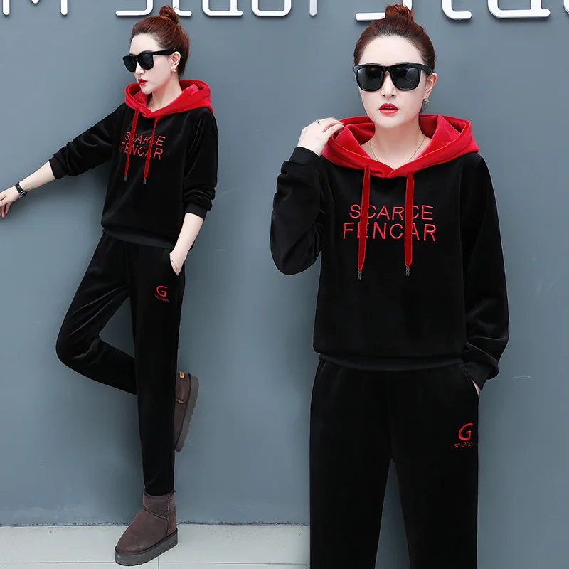

Winter Women Sports wear Thick Velvet Warm Sweater Embroid Hoodie Sweatshirt+pant Running Jogger Fitness Casual Set Tracksuit