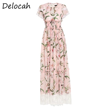 

Delocah Spring Summer Dress Fashion Ruwan Women Short Sleeve Gorgeous Lace Floral Printed Female Plus Size Maxi Dresses vestidos