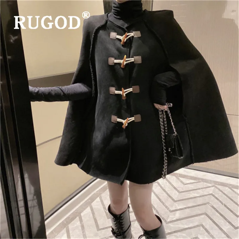 RUGOD, винтажная женская накидка, пальто с круглым вырезом, с роговыми пуговицами, без рукавов, толстая зимняя куртка, Дамская мода, элегантное негабаритное пальто для женщин